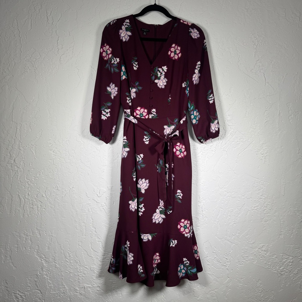 Talbots Petite Burgundy Floral Maxi Dress‎ V-Neck Ruffle Hem 8P VN5084 - Picture 10 of 11
